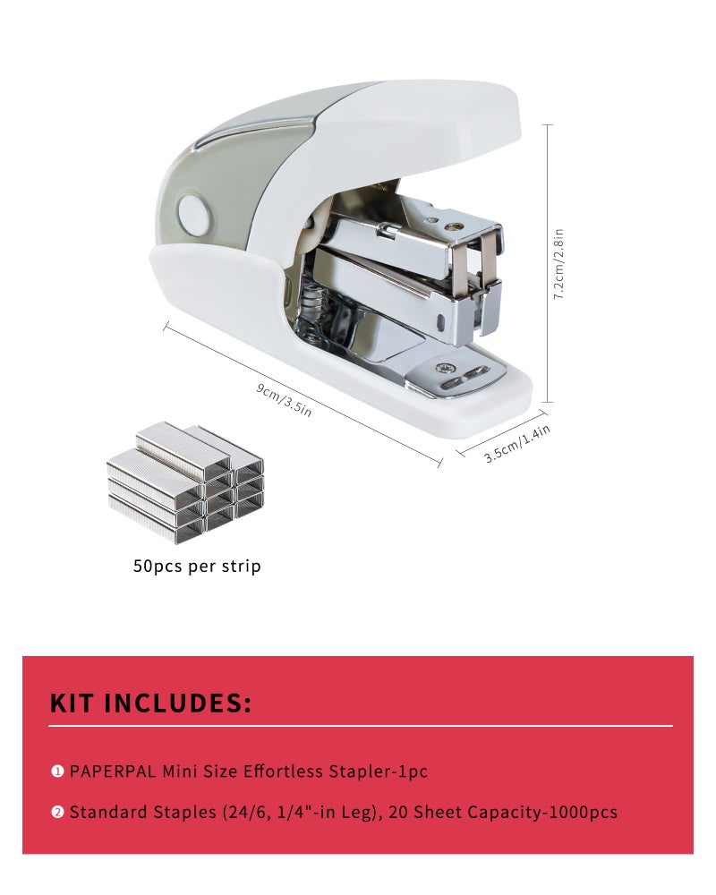 PAPERPAL Effortless Mini Stapler Set  20 Sheet Capacity  Integrated Remover & Staple Storage  Holds 1/4"" Staples  Includes 1000 Staples  Lightweight  Office  School & Daily Use  White - Image 2
